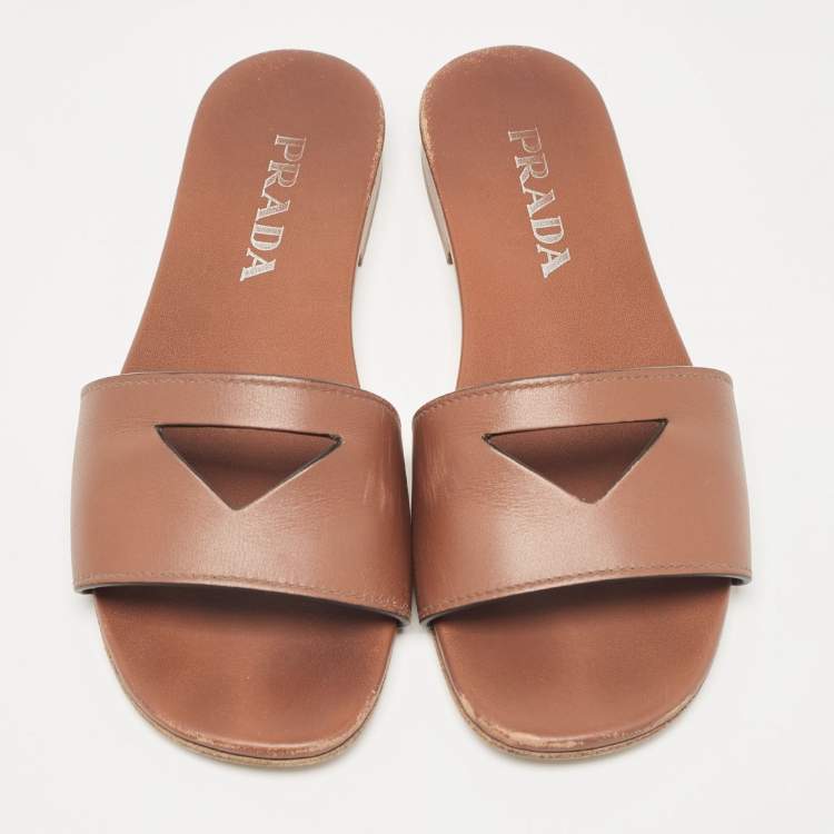 Pre Owned Prada Brown Leather Triangle Cutout Flat Slides Size 35.5