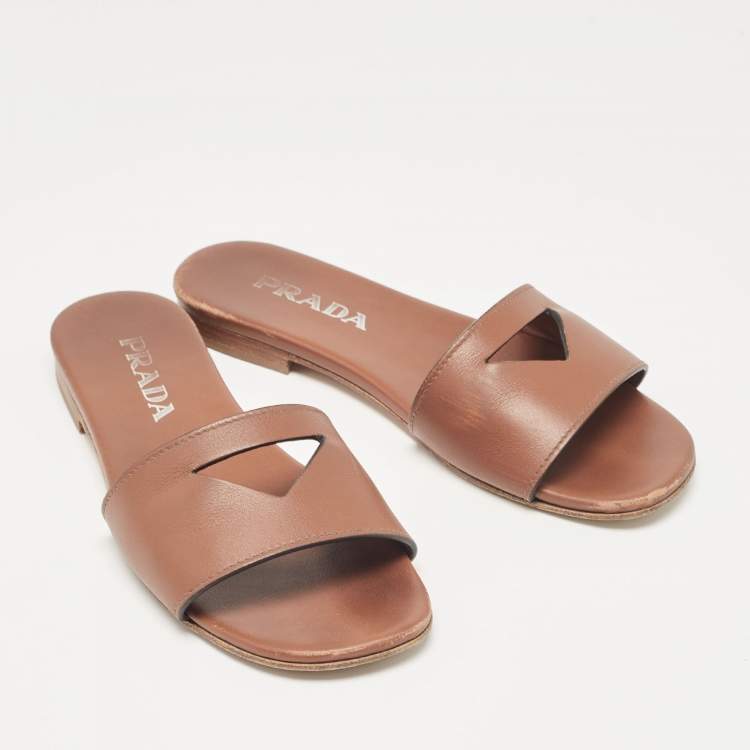 Pre Owned Prada Brown Leather Triangle Cutout Flat Slides Size 35.5