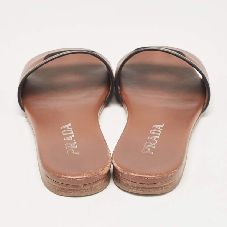 Pre Owned Prada Brown Leather Triangle Cutout Flat Slides Size 35.5