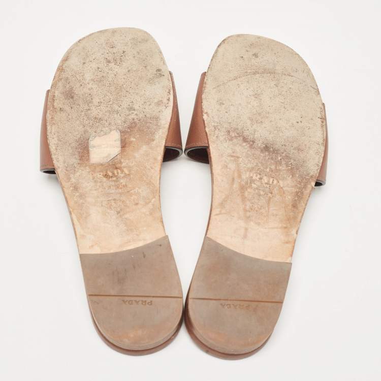 Pre Owned Prada Brown Leather Triangle Cutout Flat Slides Size 35.5