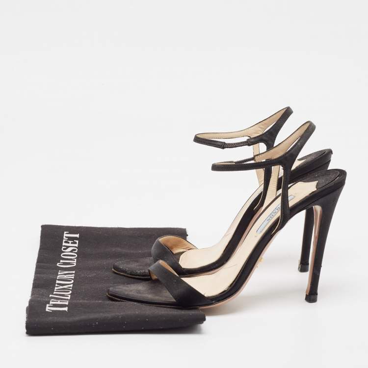 Pre Owned Prada Black Satin Ankle Strap Sandals Size 37.5