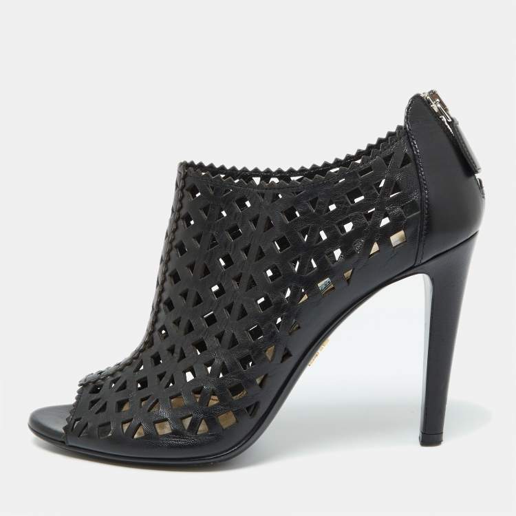 مملوكة مسبقًا Prada Black Perforated Leather Peep Toe Booties Size 38