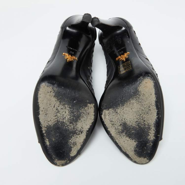 مملوكة مسبقًا Prada Black Perforated Leather Peep Toe Booties Size 38