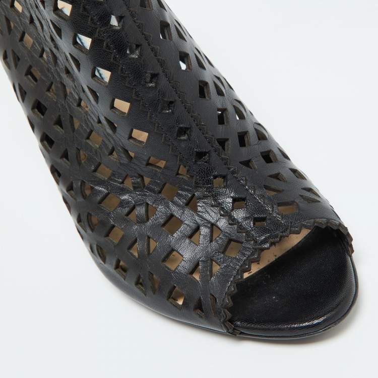 مملوكة مسبقًا Prada Black Perforated Leather Peep Toe Booties Size 38