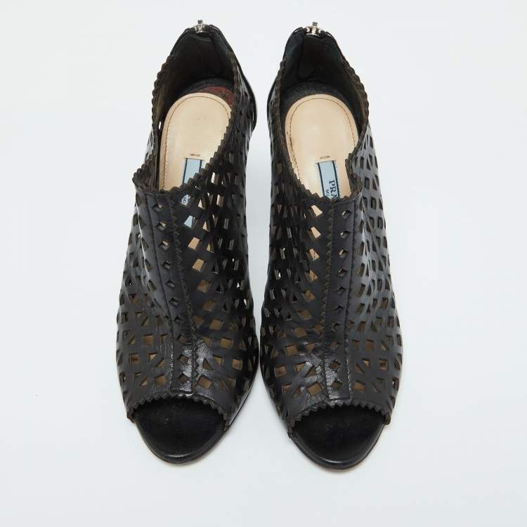 مملوكة مسبقًا Prada Black Perforated Leather Peep Toe Booties Size 38