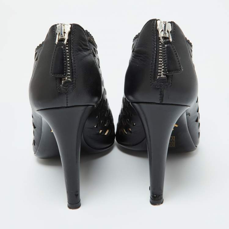 مملوكة مسبقًا Prada Black Perforated Leather Peep Toe Booties Size 38