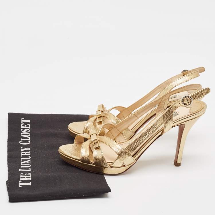 Pre Owned Prada Gold Leather Slingback Sandals Size 38.5