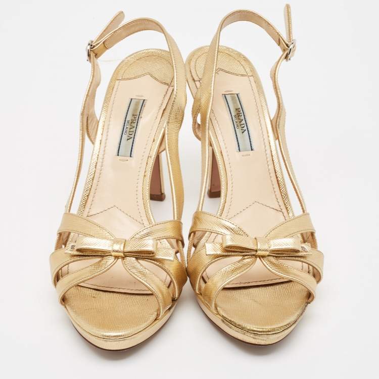 Pre Owned Prada Gold Leather Slingback Sandals Size 38.5