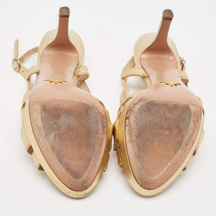 Pre Owned Prada Gold Leather Slingback Sandals Size 38.5