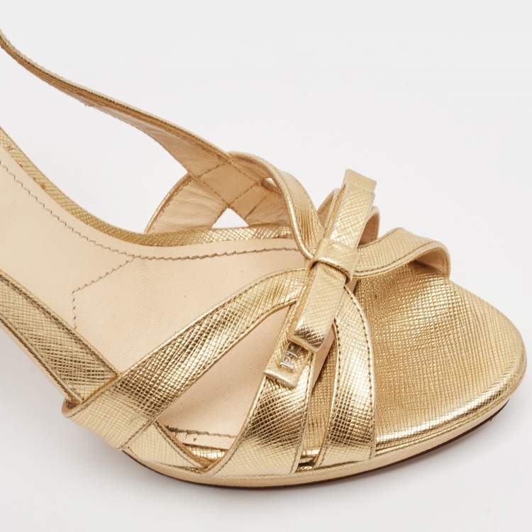 Pre Owned Prada Gold Leather Slingback Sandals Size 38.5