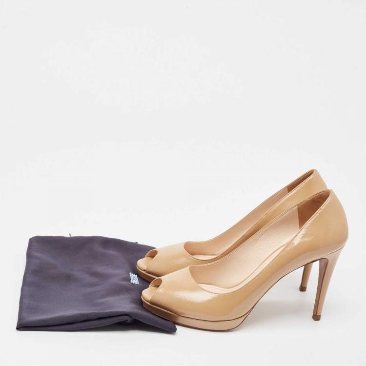 Pre Owned Prada Beige Patent Leather Peep Toe Pumps Size 38