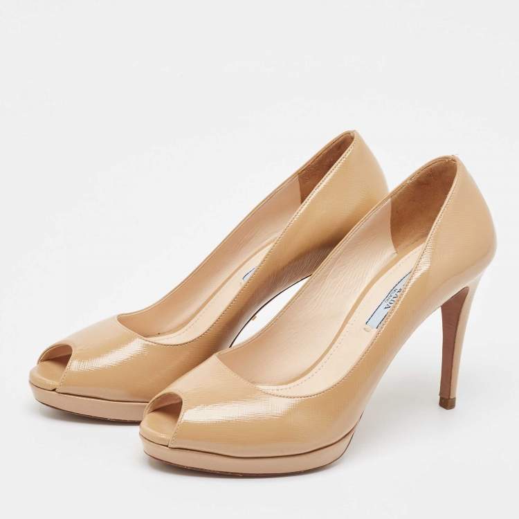 Pre Owned Prada Beige Patent Leather Peep Toe Pumps Size 38