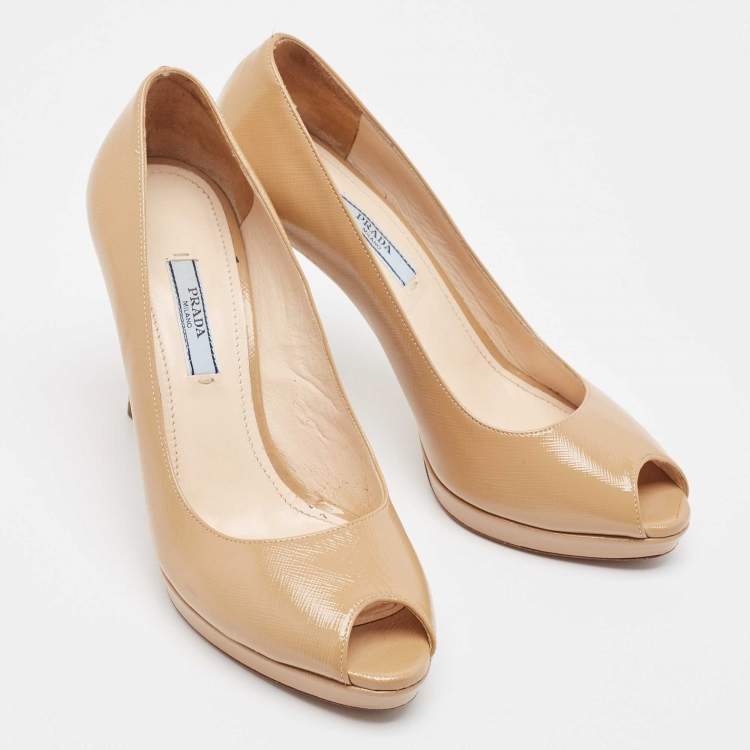 Pre Owned Prada Beige Patent Leather Peep Toe Pumps Size 38