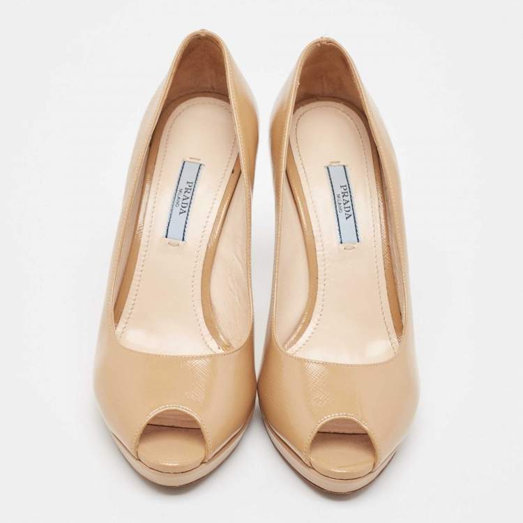 Pre Owned Prada Beige Patent Leather Peep Toe Pumps Size 38