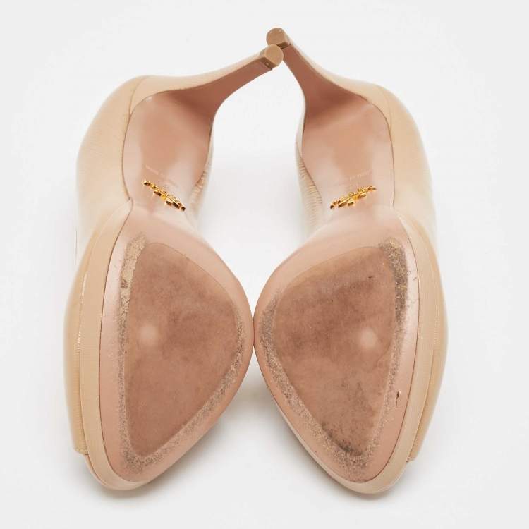Pre Owned Prada Beige Patent Leather Peep Toe Pumps Size 38