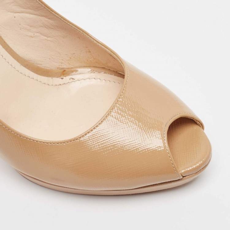 Pre Owned Prada Beige Patent Leather Peep Toe Pumps Size 38