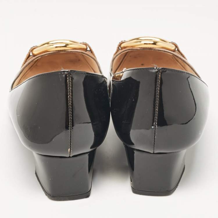 Pre Owned Prada Black/Beige Patent Leather Block Heel Pumps Size 40