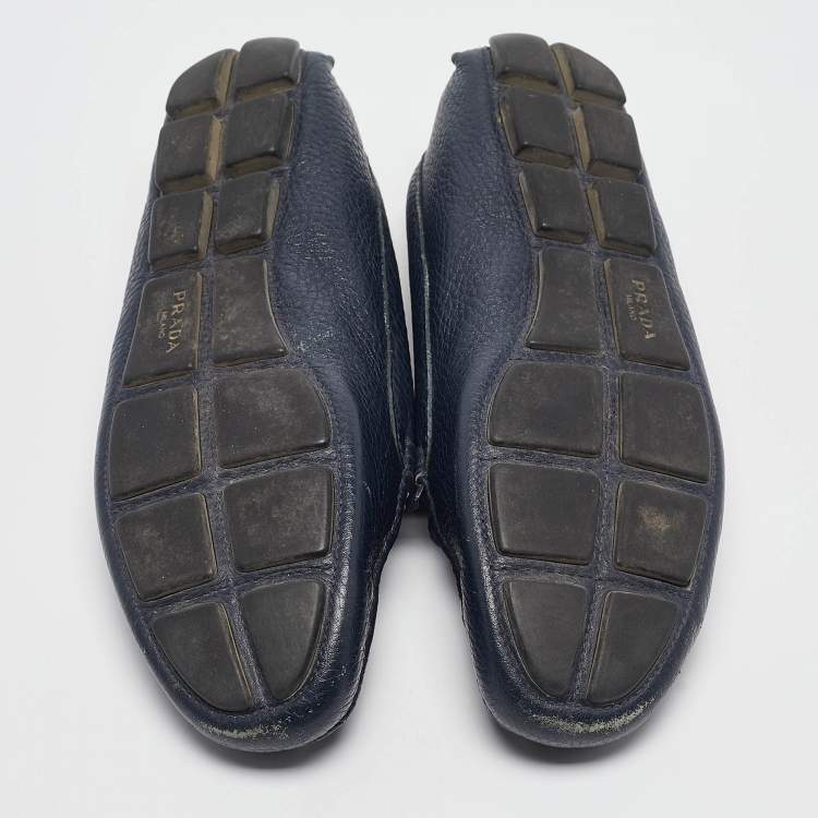 Pre Owned Prada Navy Blue Leather Slip On Loafers Size 38