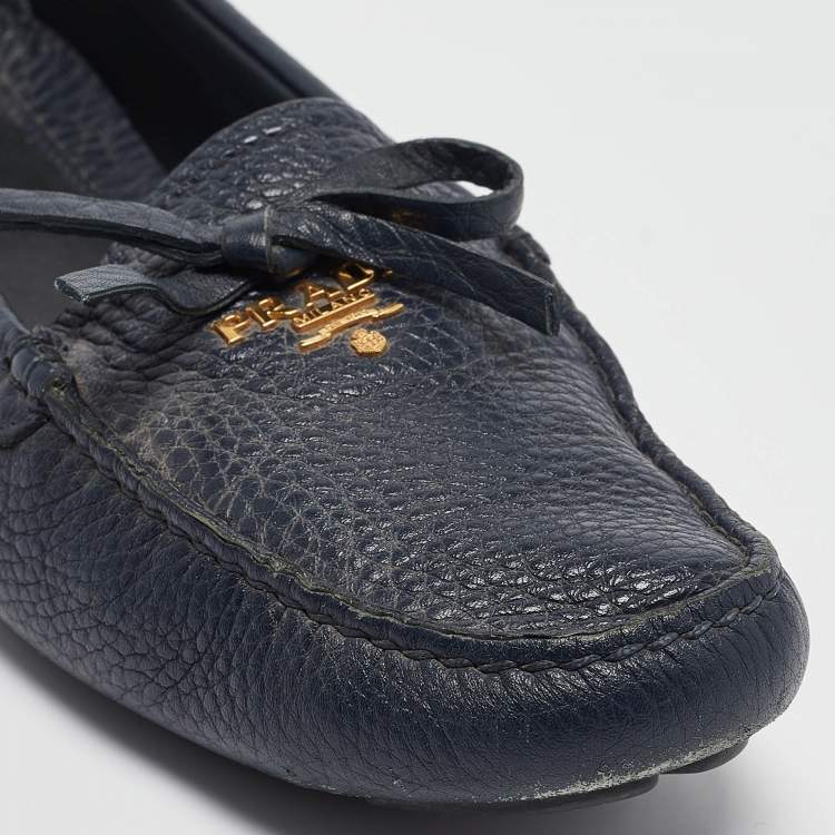 Pre Owned Prada Navy Blue Leather Slip On Loafers Size 38