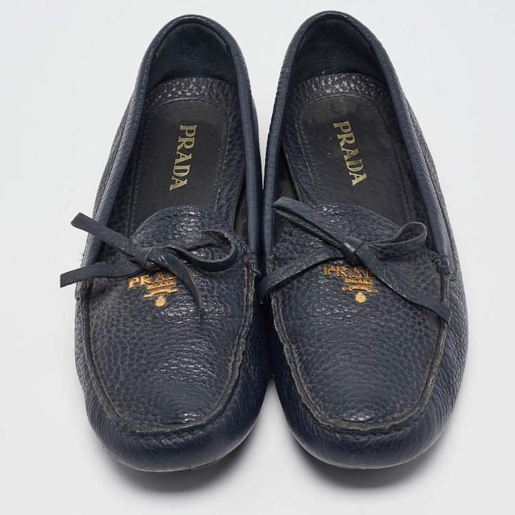Pre Owned Prada Navy Blue Leather Slip On Loafers Size 38