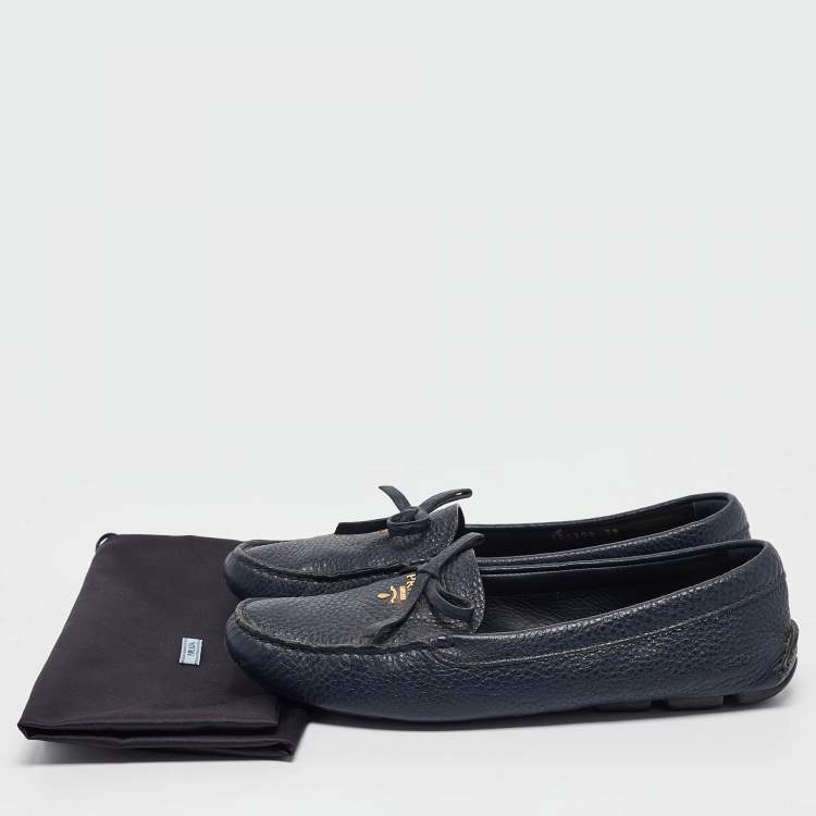 Pre Owned Prada Navy Blue Leather Slip On Loafers Size 38