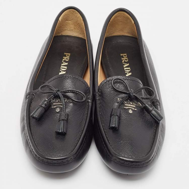 Pre Owned Prada Black Leather Slip On Loafers Size 37