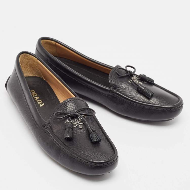 Pre Owned Prada Black Leather Slip On Loafers Size 37