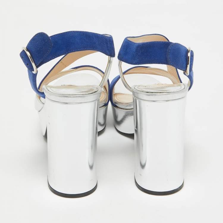 مملوكة مسبقًا Prada Silver/Blue Leather and Suede Platform Slingback Sandals Size 38
