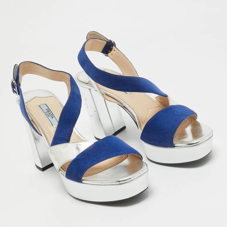 مملوكة مسبقًا Prada Silver/Blue Leather and Suede Platform Slingback Sandals Size 38