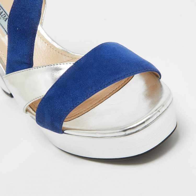 مملوكة مسبقًا Prada Silver/Blue Leather and Suede Platform Slingback Sandals Size 38