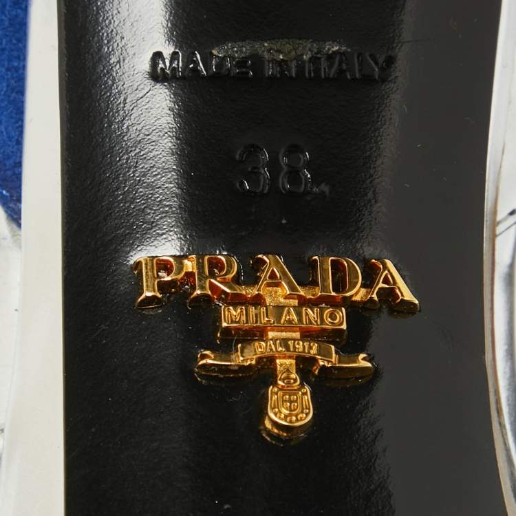 مملوكة مسبقًا Prada Silver/Blue Leather and Suede Platform Slingback Sandals Size 38