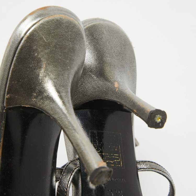 Pre Owned Prada Grey Leather Crystal Embellished Ankle Strap Sandals Size 37.5