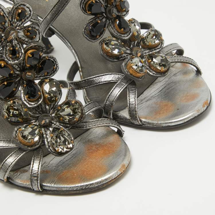 Pre Owned Prada Grey Leather Crystal Embellished Ankle Strap Sandals Size 37.5