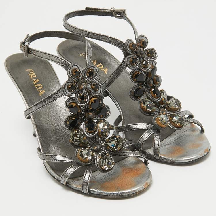 Pre Owned Prada Grey Leather Crystal Embellished Ankle Strap Sandals Size 37.5