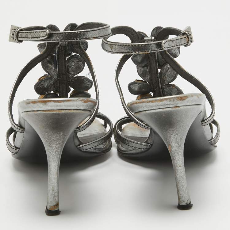 Pre Owned Prada Grey Leather Crystal Embellished Ankle Strap Sandals Size 37.5