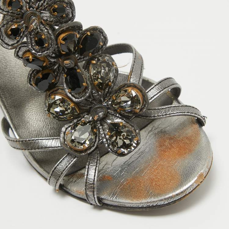 Pre Owned Prada Grey Leather Crystal Embellished Ankle Strap Sandals Size 37.5