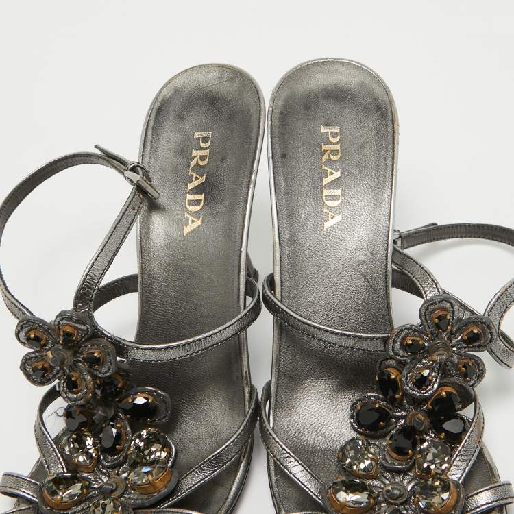 Pre Owned Prada Grey Leather Crystal Embellished Ankle Strap Sandals Size 37.5