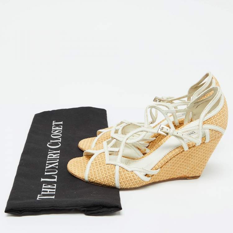 Pre Owned Prada Beige/White Raffia and Leather Wedge Sandals Size 36