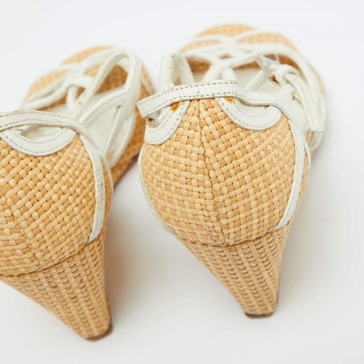 Pre Owned Prada Beige/White Raffia and Leather Wedge Sandals Size 36