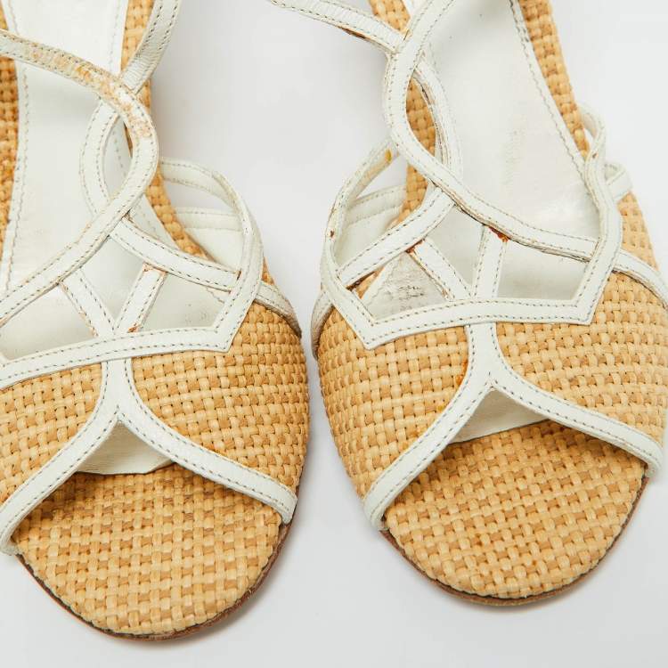 Pre Owned Prada Beige/White Raffia and Leather Wedge Sandals Size 36