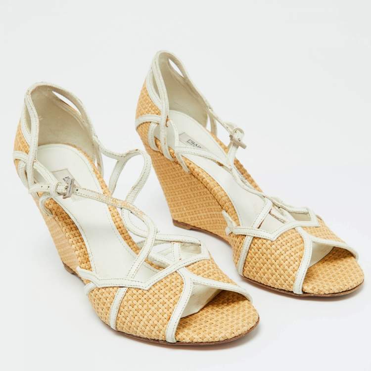 Pre Owned Prada Beige/White Raffia and Leather Wedge Sandals Size 36