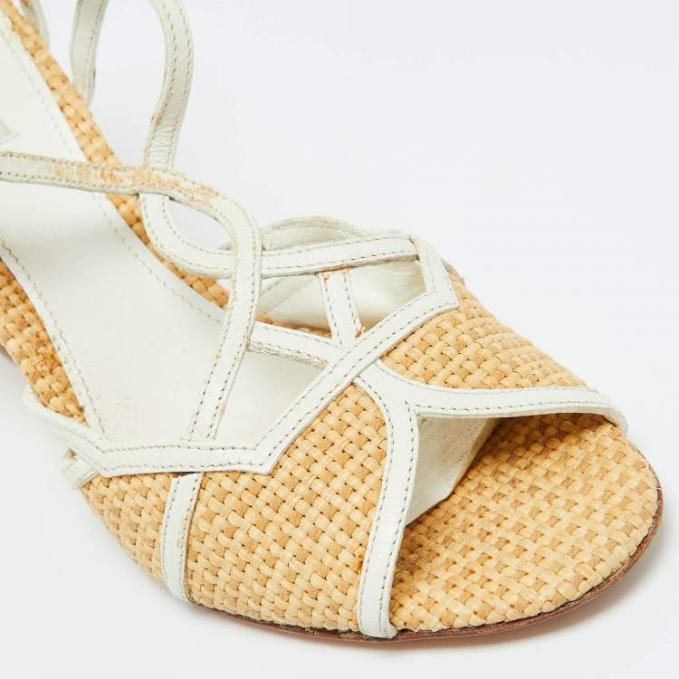 Pre Owned Prada Beige/White Raffia and Leather Wedge Sandals Size 36