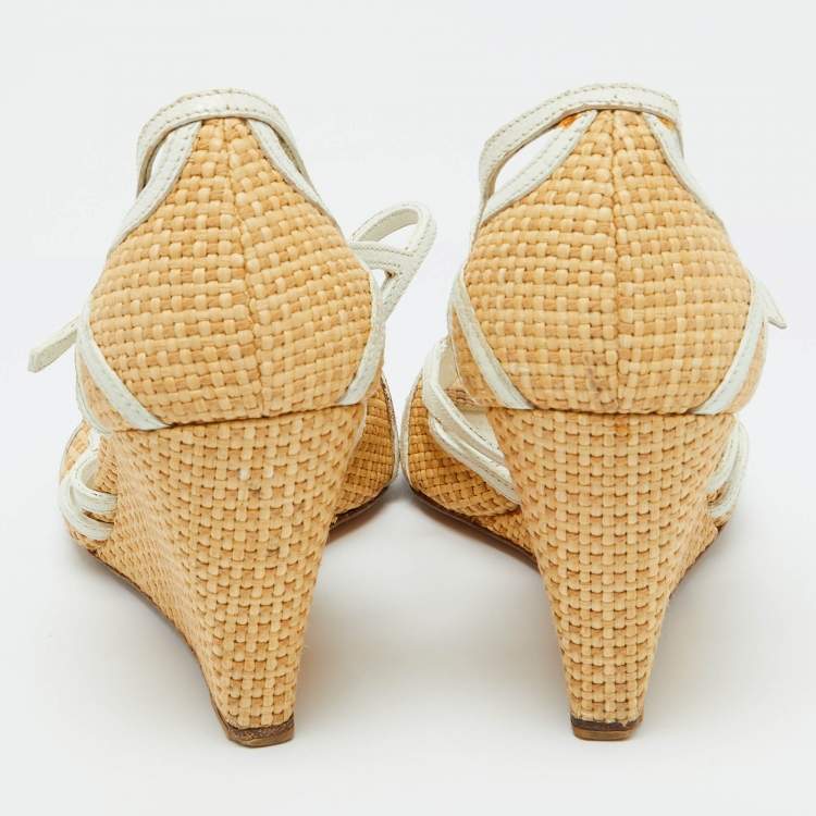 Pre Owned Prada Beige/White Raffia and Leather Wedge Sandals Size 36