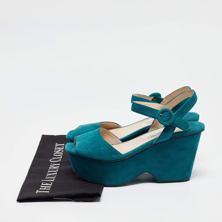 Pre Owned Prada Teal Suede Platform Ankle Strap Sandals Size 38