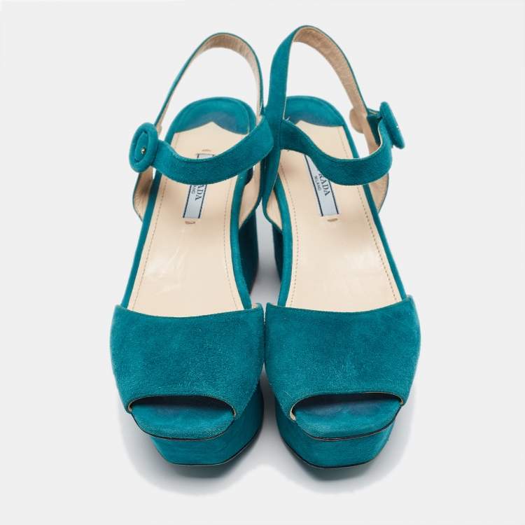 Pre Owned Prada Teal Suede Platform Ankle Strap Sandals Size 38