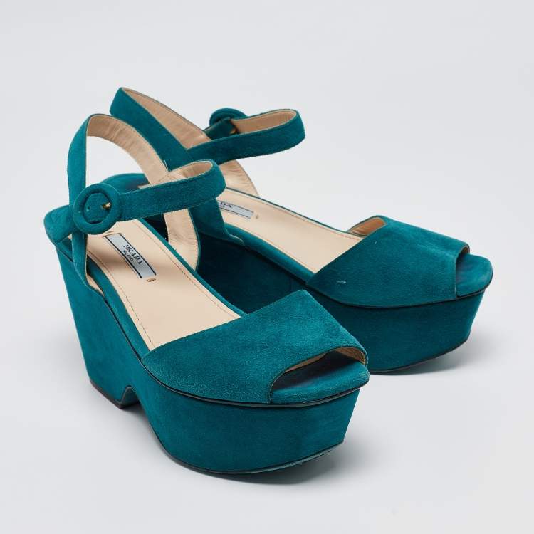 Pre Owned Prada Teal Suede Platform Ankle Strap Sandals Size 38