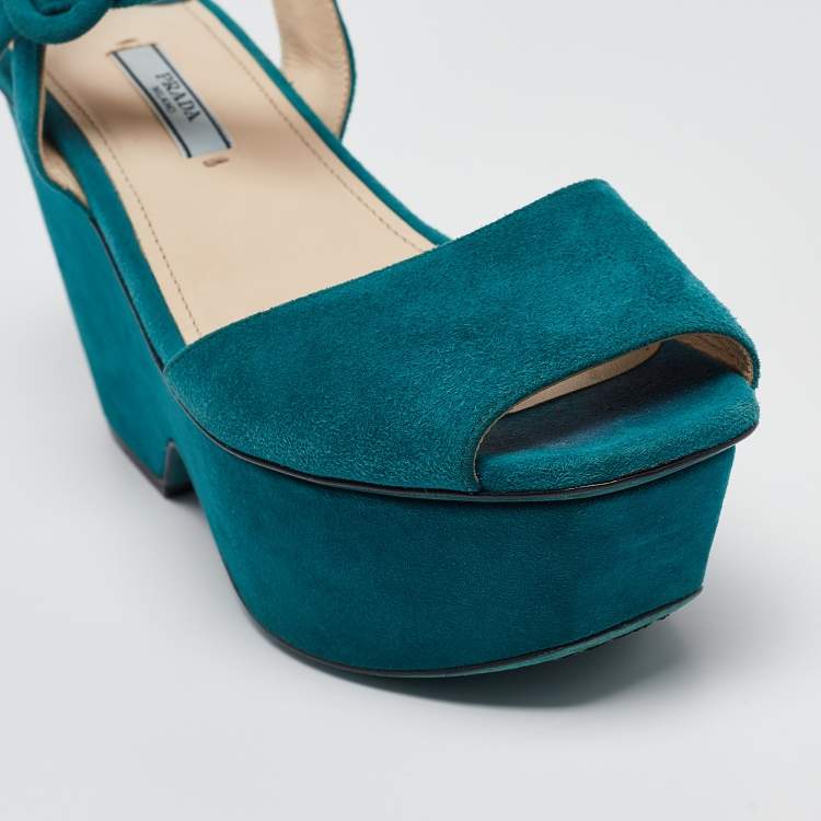 Pre Owned Prada Teal Suede Platform Ankle Strap Sandals Size 38