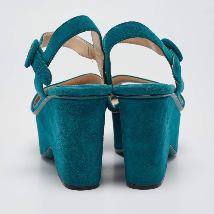 Pre Owned Prada Teal Suede Platform Ankle Strap Sandals Size 38