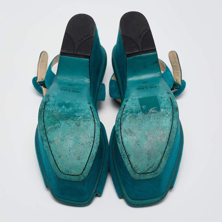 Pre Owned Prada Teal Suede Platform Ankle Strap Sandals Size 38
