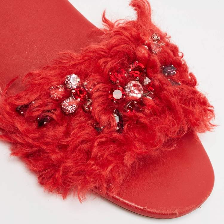 Pre Owned Prada Red Fur and Leather Crystal Embellished Flat Slides Size 41
